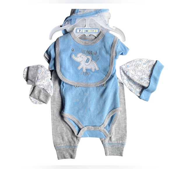 100%Cotton Elephant 0-3 M Blue Baby 7 Piece Set - Picture 1 of 12